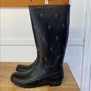 Polo Ralph Lauren black tall rain boots with purple all over logo women’s sz 10